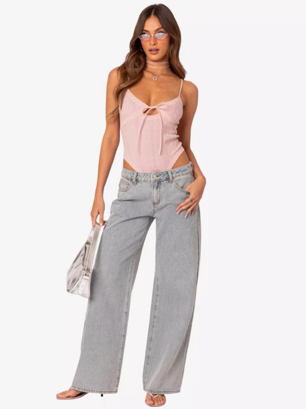 Ashley Mason Pink Cami Bodysuit with Light Gray Wide Leg Jeans